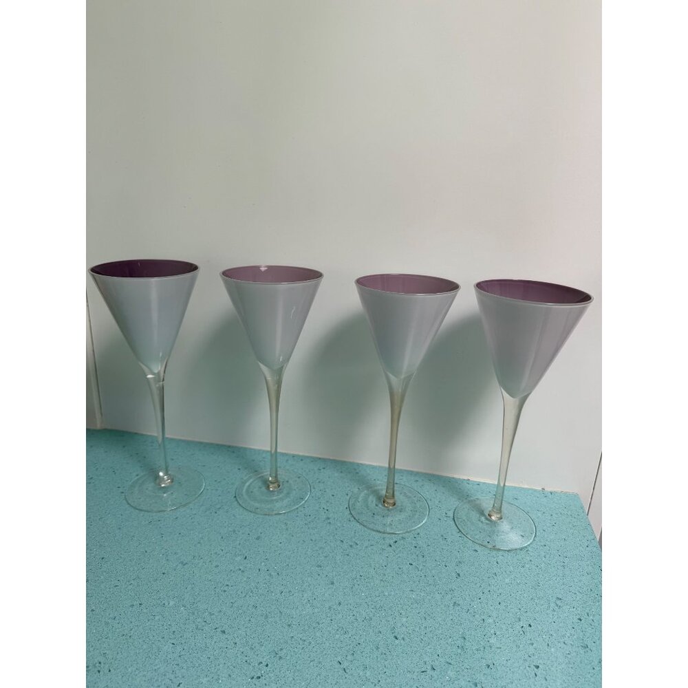 Gorgeous Designs Tall White Purple Martini Cocktail Set of 4 Cased Glasses